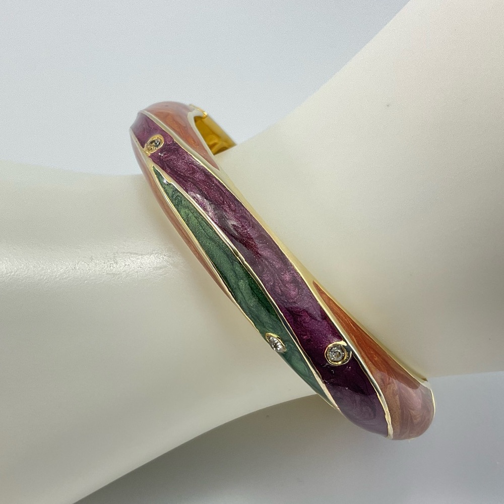 NWOT Enamel Bangle Bracelet with Clear Crystals, Hinged Cuff, Modern, Elegant - Picture 3 of 11